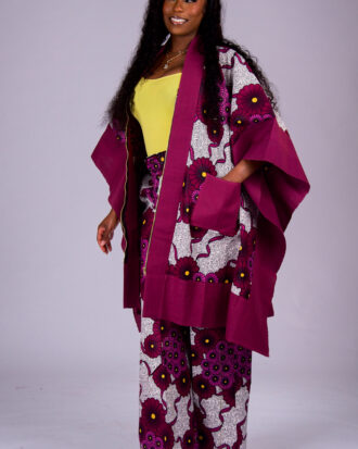 Women's Ankara and Aso-Oke Kimono Set with Matching Wide Leg Pants