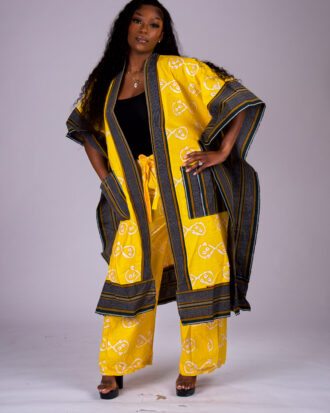 Women’s Ankara and Aso-Oke Kimono Set with Matching Wide-Leg Pants