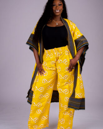 Women’s Ankara and Aso-Oke Kimono Set with Matching Wide-Leg Pants