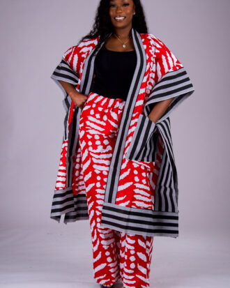 Women’s Ankara and Aso-Oke Kimono Set with Matching Wide-Leg Pants