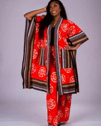 Women’s Ankara and Aso-Oke Kimono Set with Matching Wide-Leg Pants
