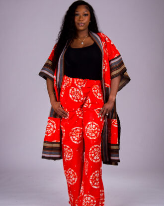 Women’s Ankara and Aso-Oke Kimono Set with Matching Wide-Leg Pants