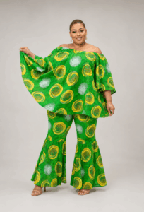 Emerald Aura green Ankara two-piece set with an off-shoulder flare top and matching flared pants