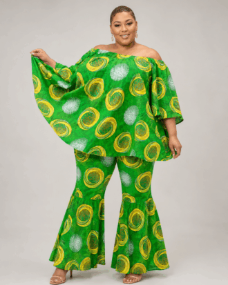 Emerald Aura green Ankara two-piece set with an off-shoulder flare top and matching flared pants