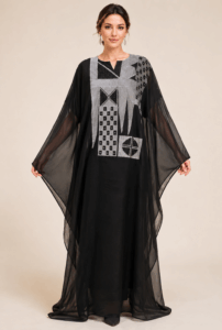 Monochrome Majesty Two-Piece Boubou in black with silver geometric details
