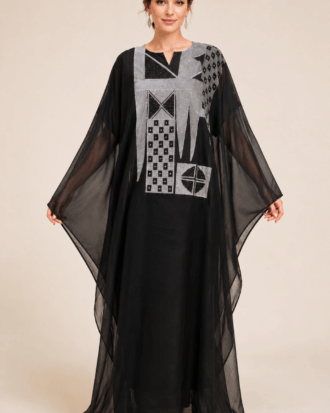 Monochrome Majesty Two-Piece Boubou in black with silver geometric details