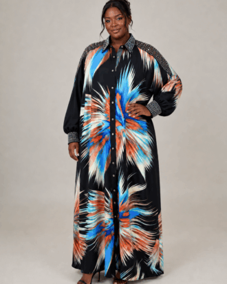 Chocolate-skinned model wearing the Celestial Burst Swarovski Shirt Dress with crystal-embellished shoulders, collar, and cuffs